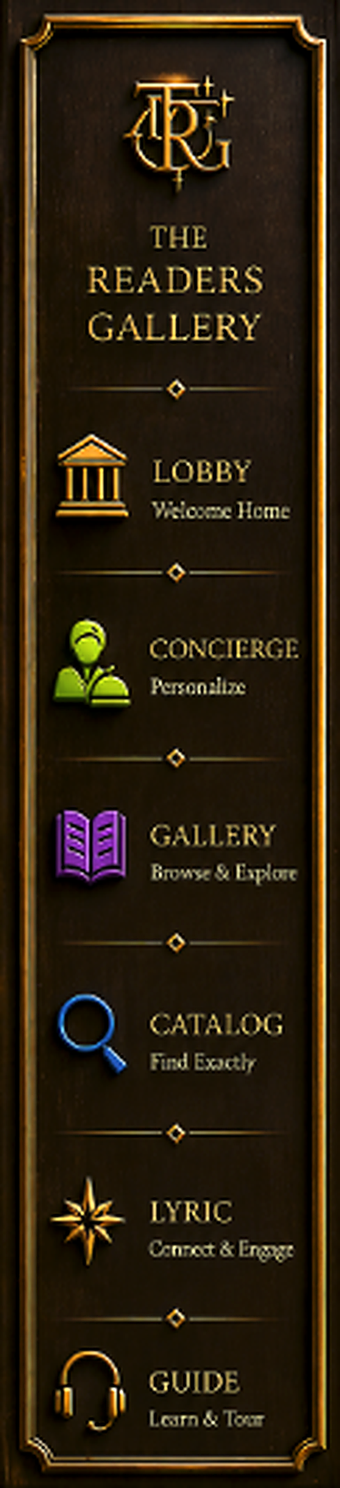 The Readers Gallery navigation corridor: Lobby, Concierge, Gallery, Catalog, Lyric, and Guide.